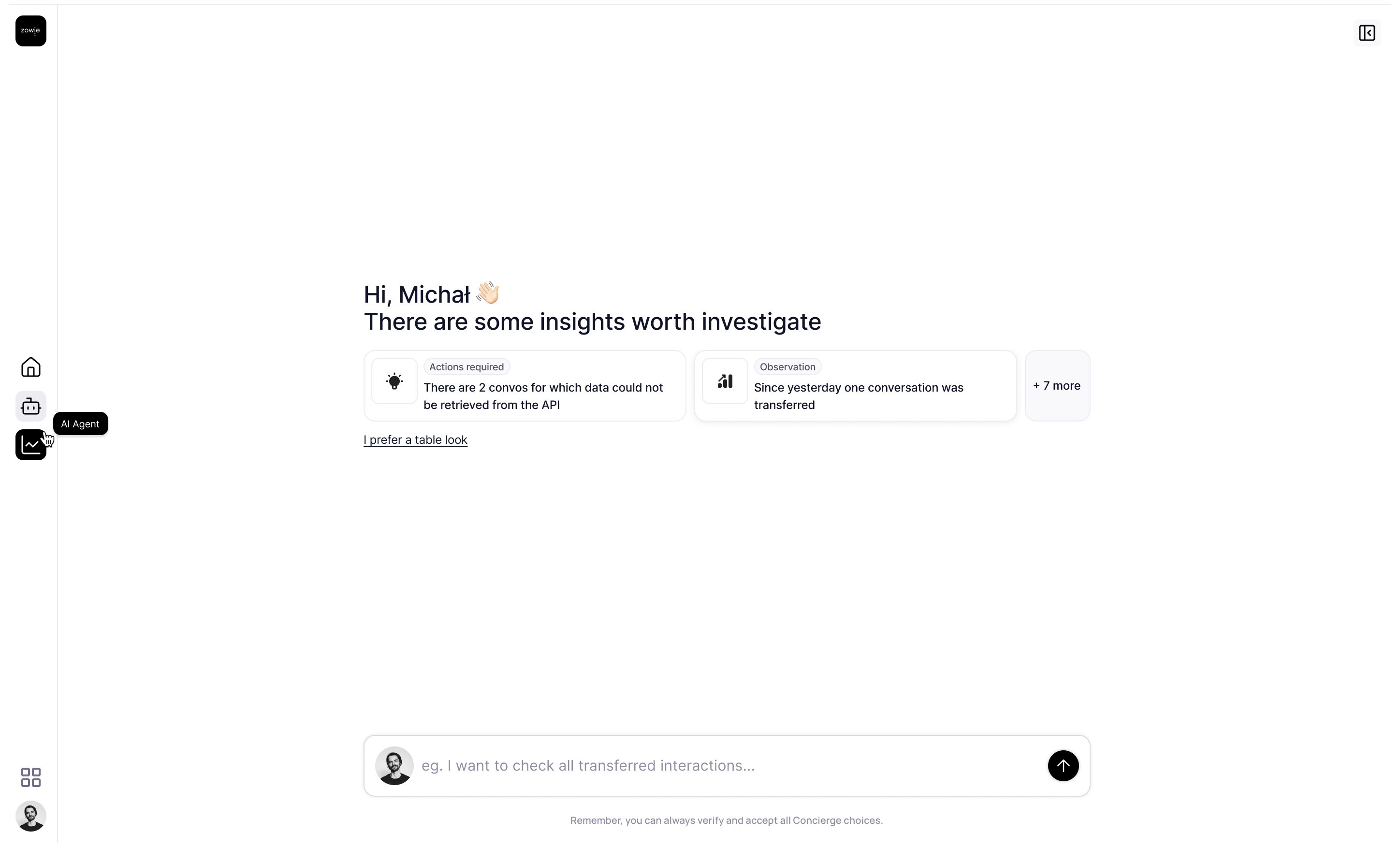 Conversational AI interface with insights cards