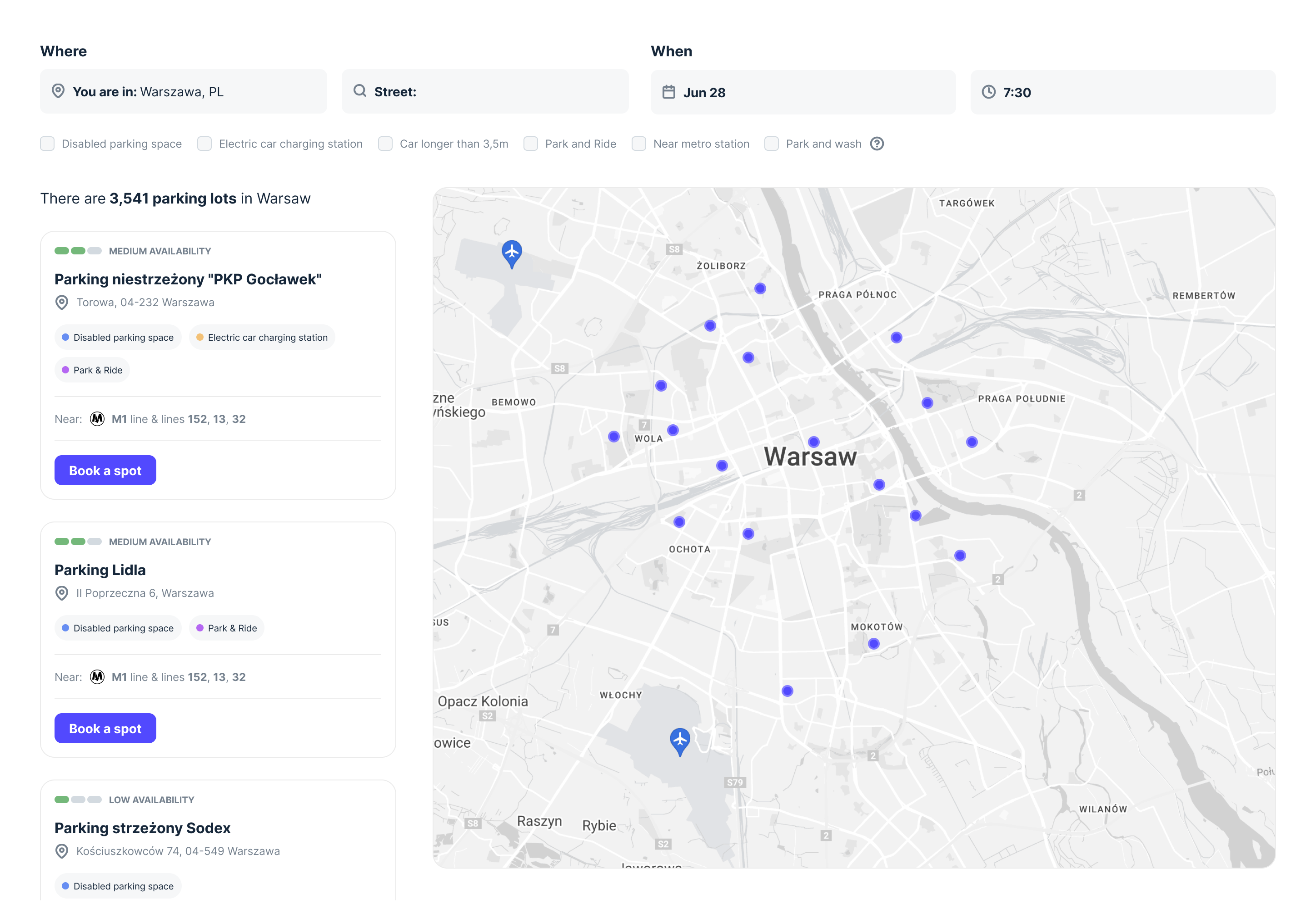 Warsaw parking lot finder with map view