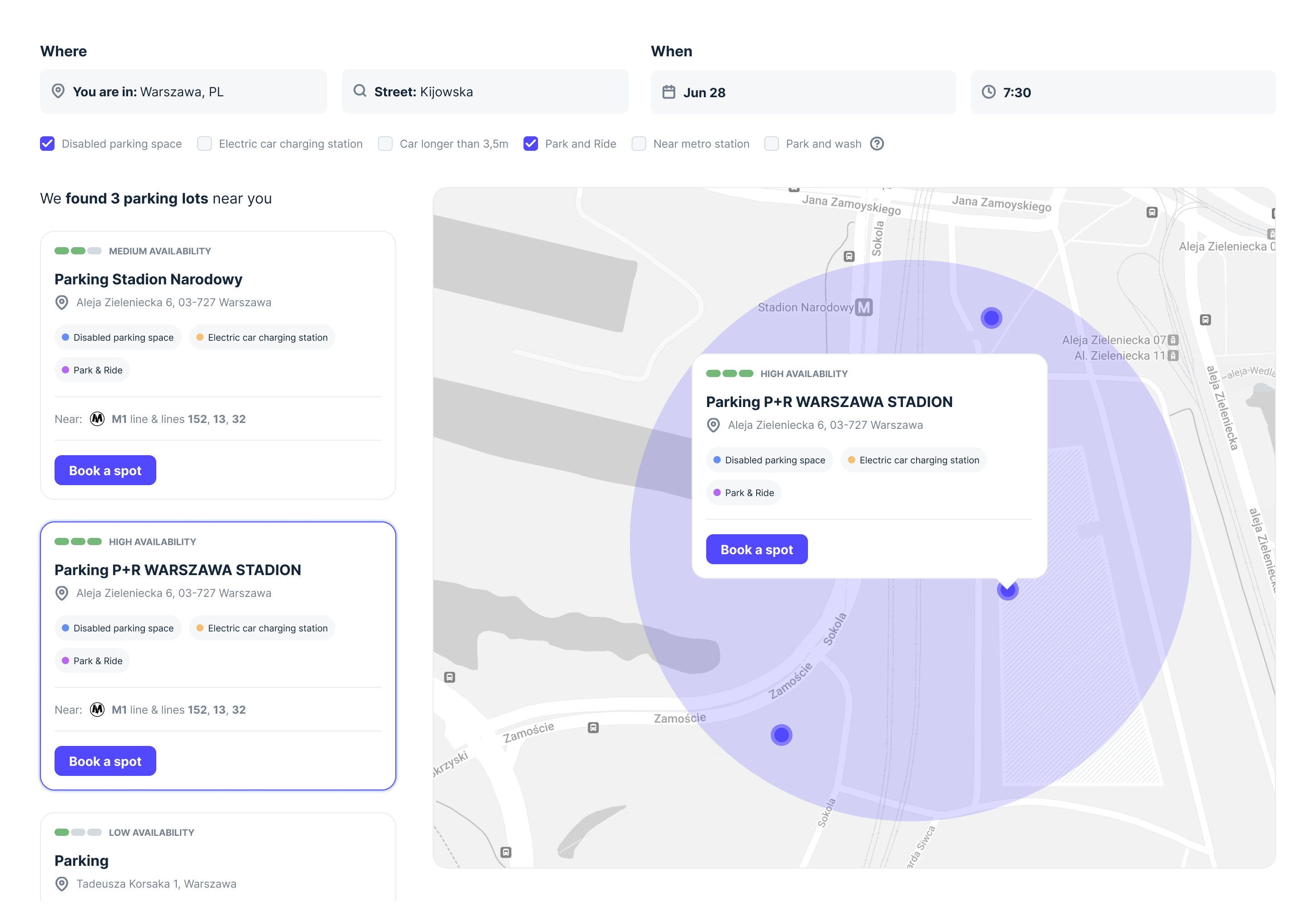 Parking finder with selected location popup