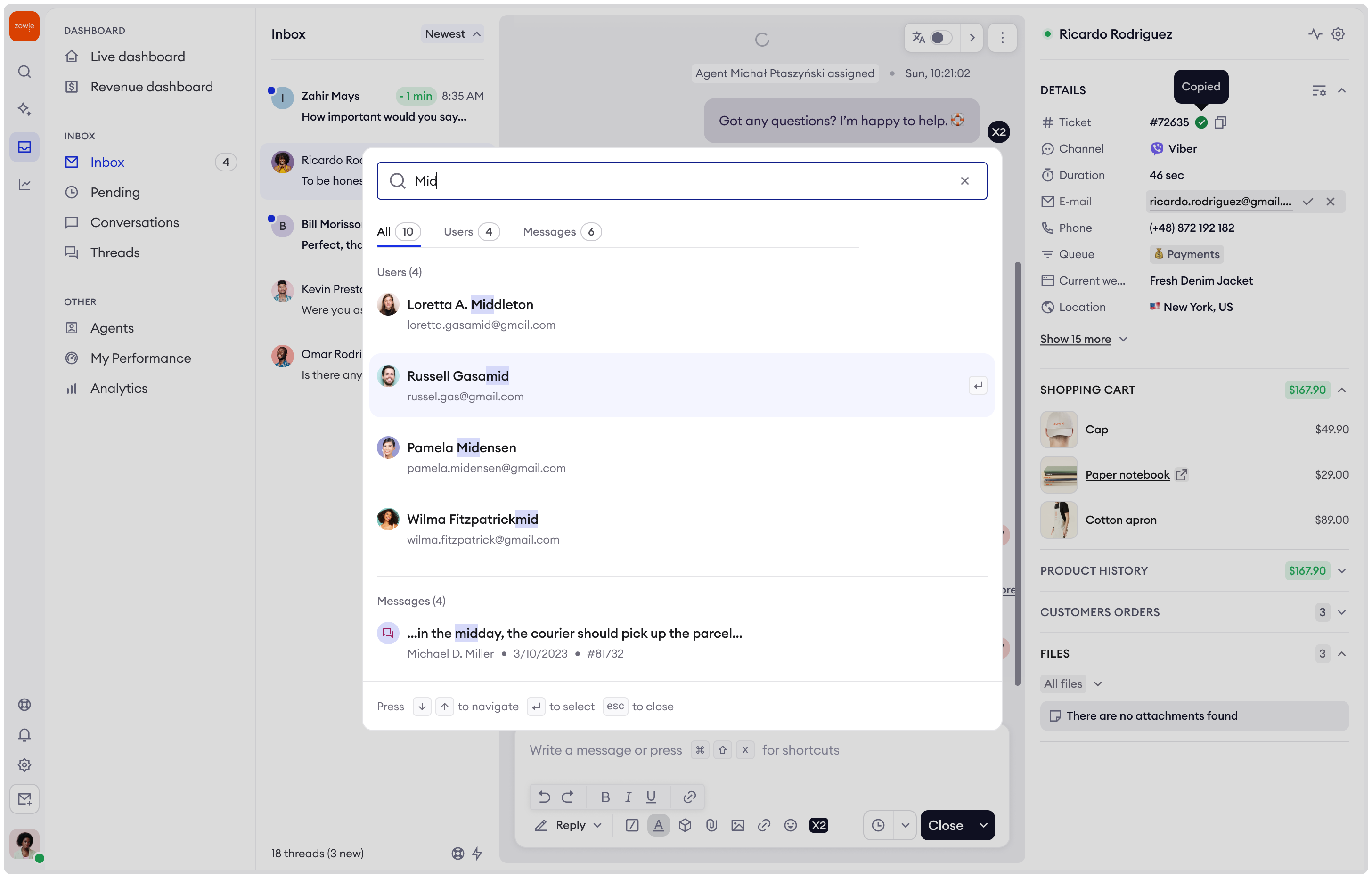 Inbox search functionality