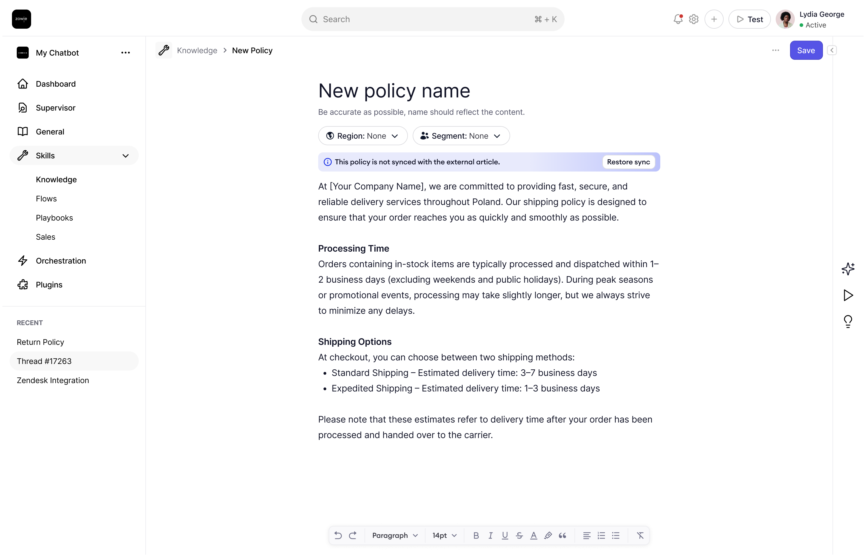 Knowledge Base policy editor