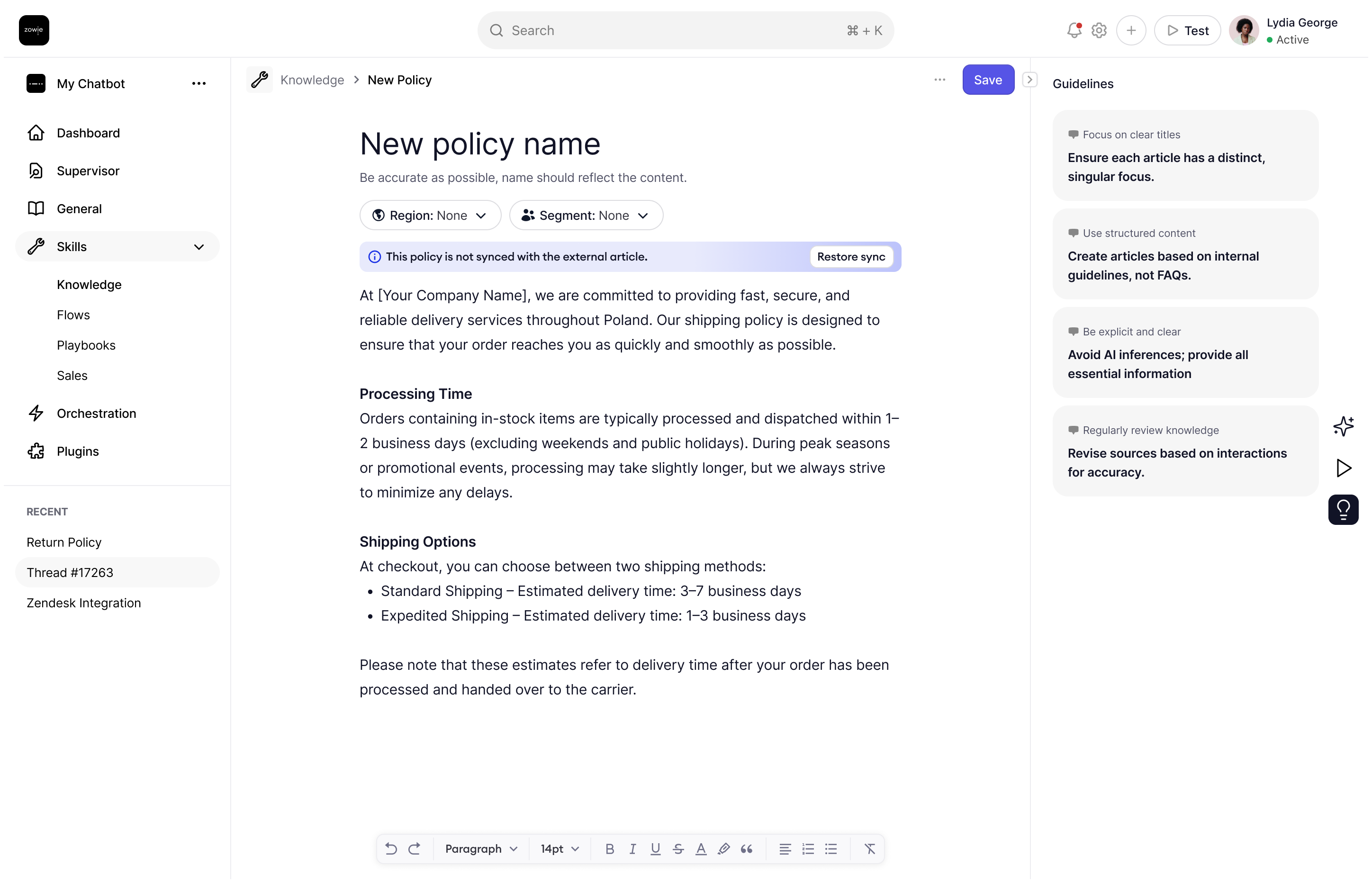Policy editor with content guidelines