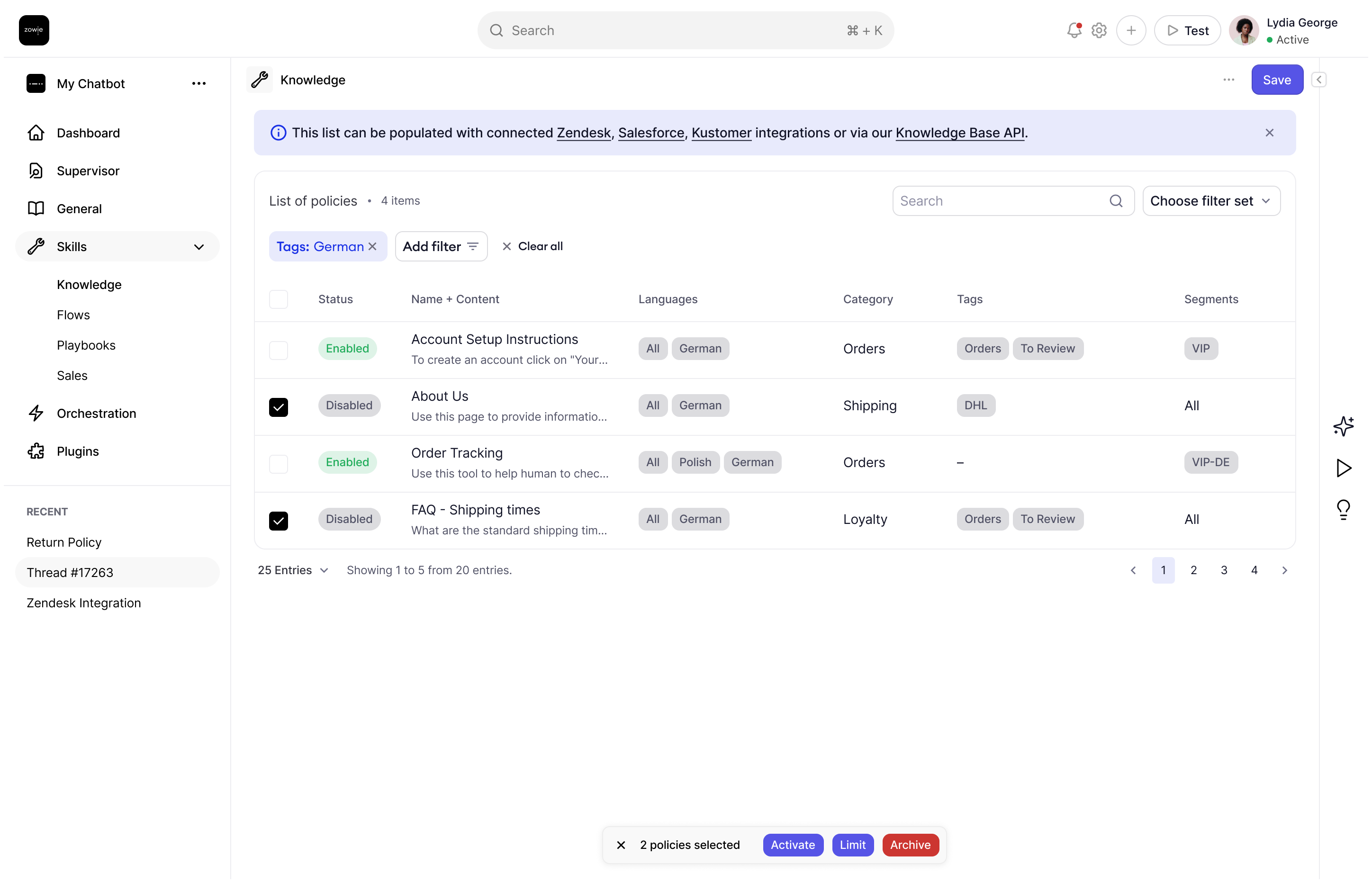 Knowledge base list view with filtering