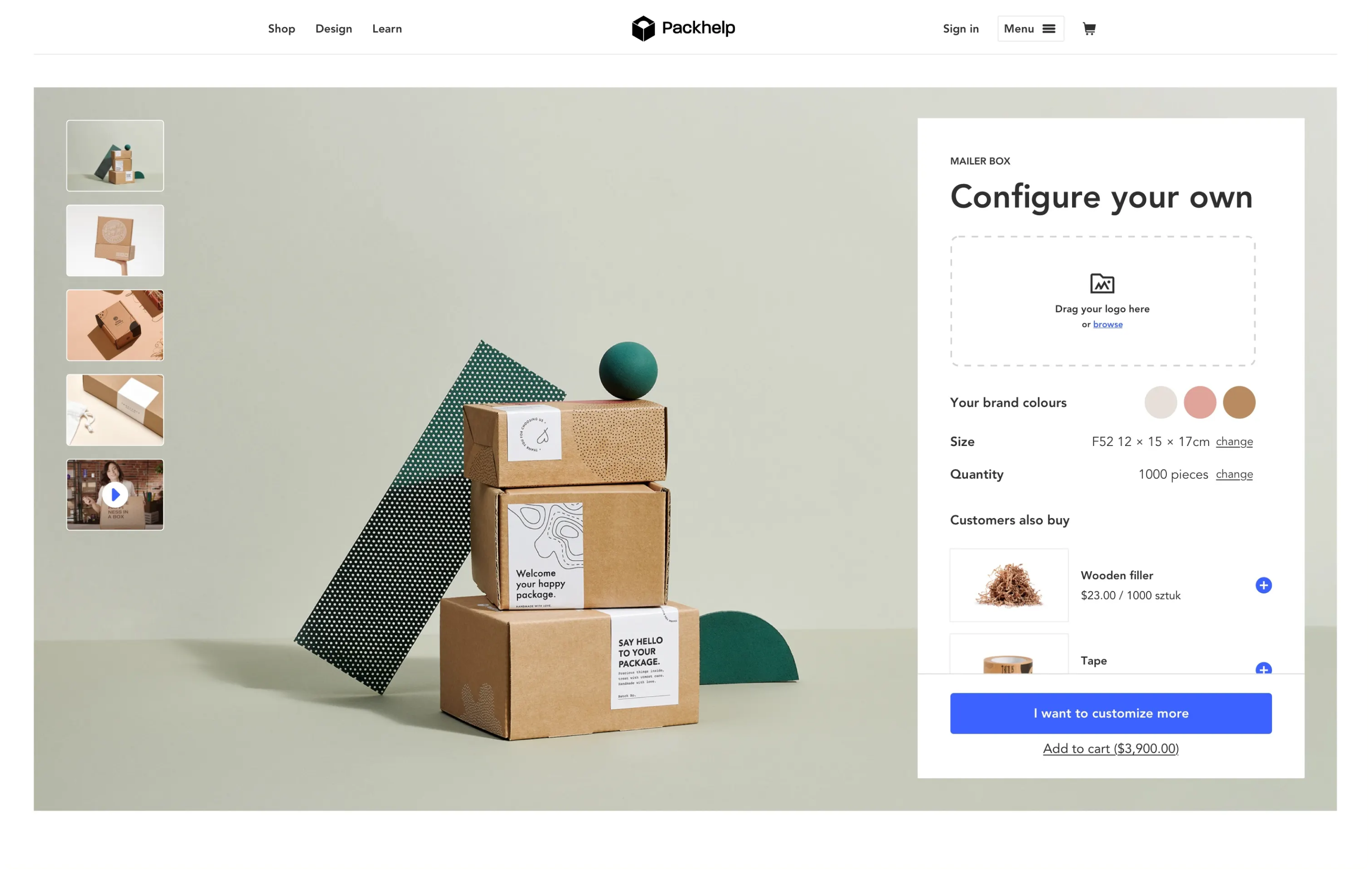 Packhelp product configuration page