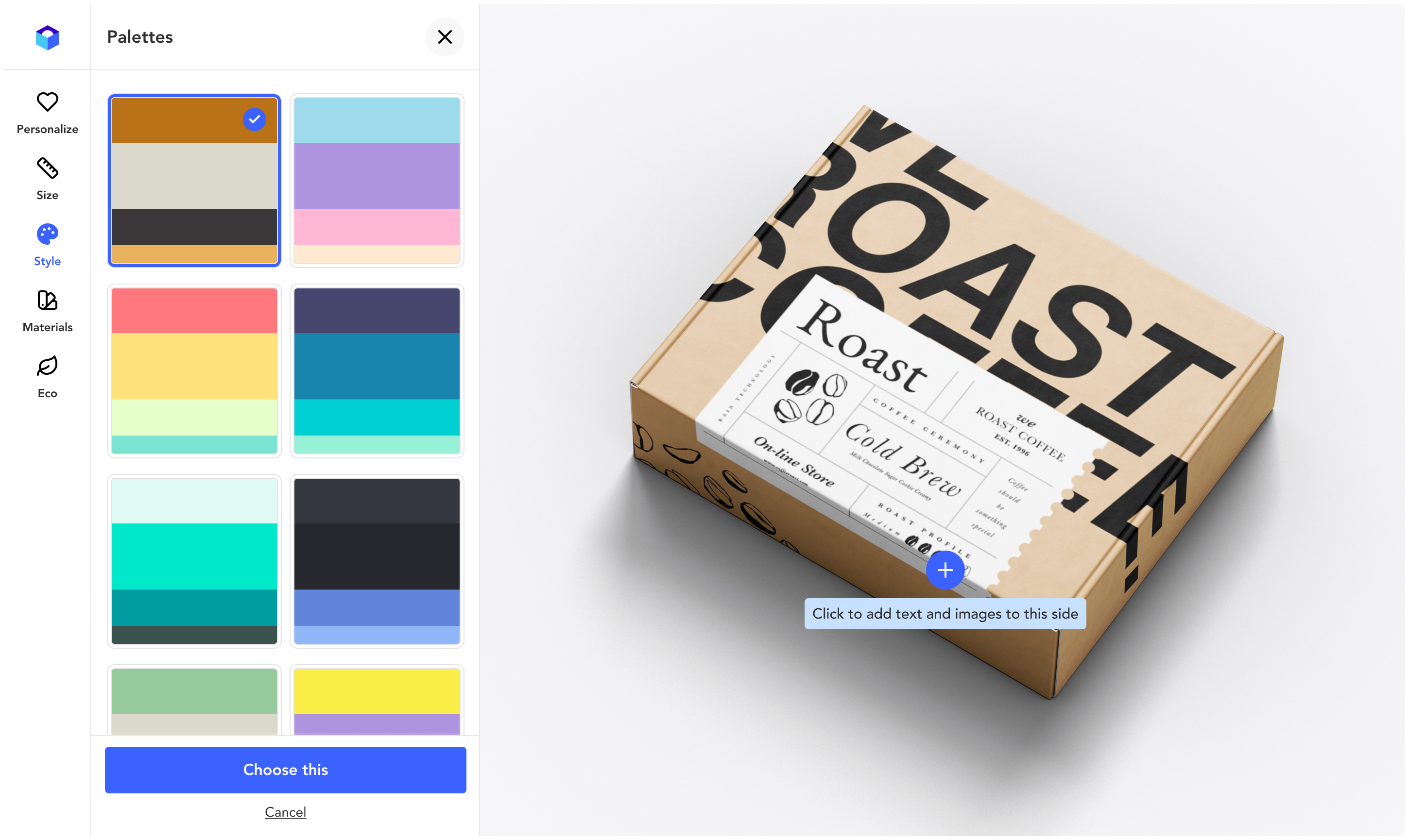 Color palettes selection panel