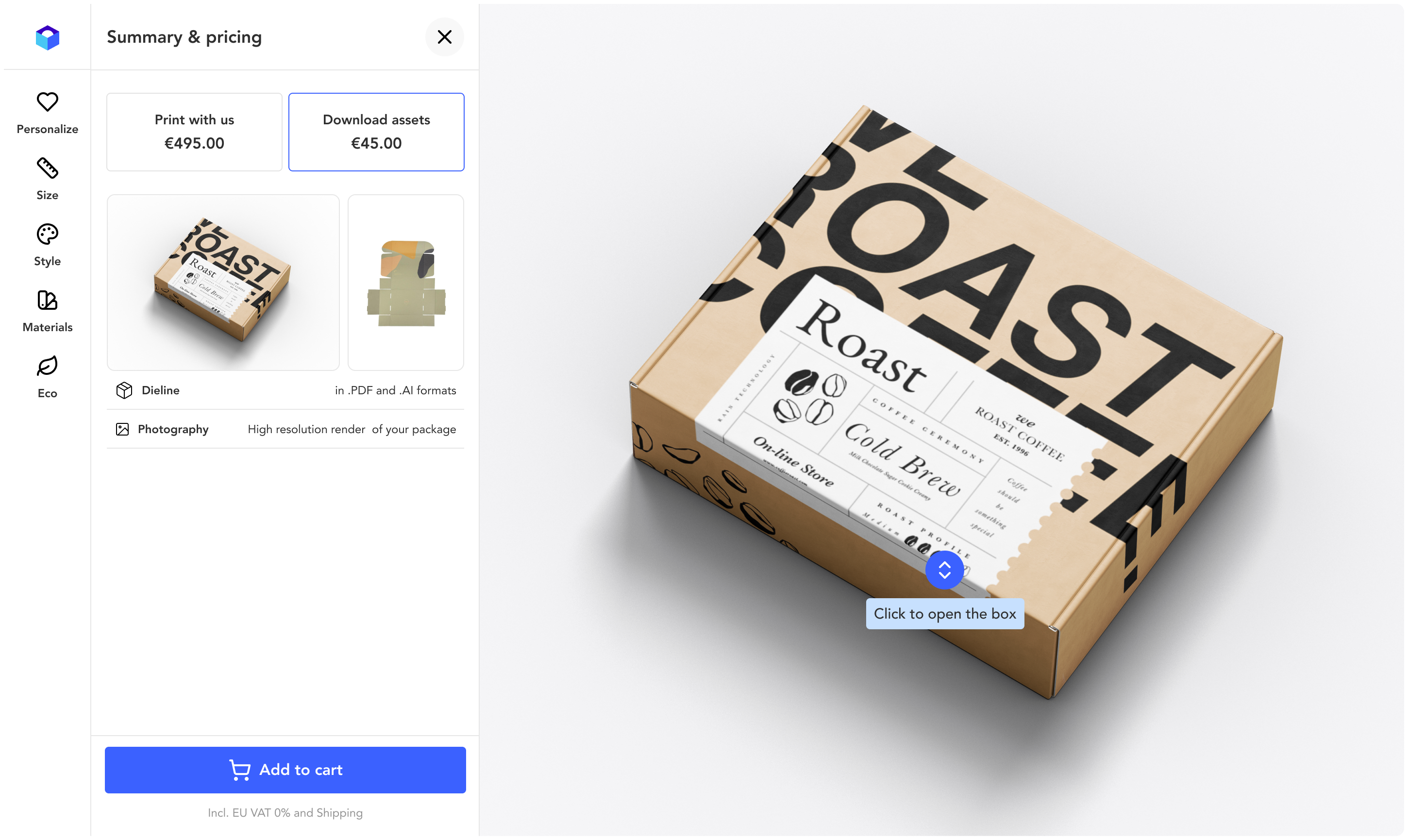 Summary and pricing with download assets option