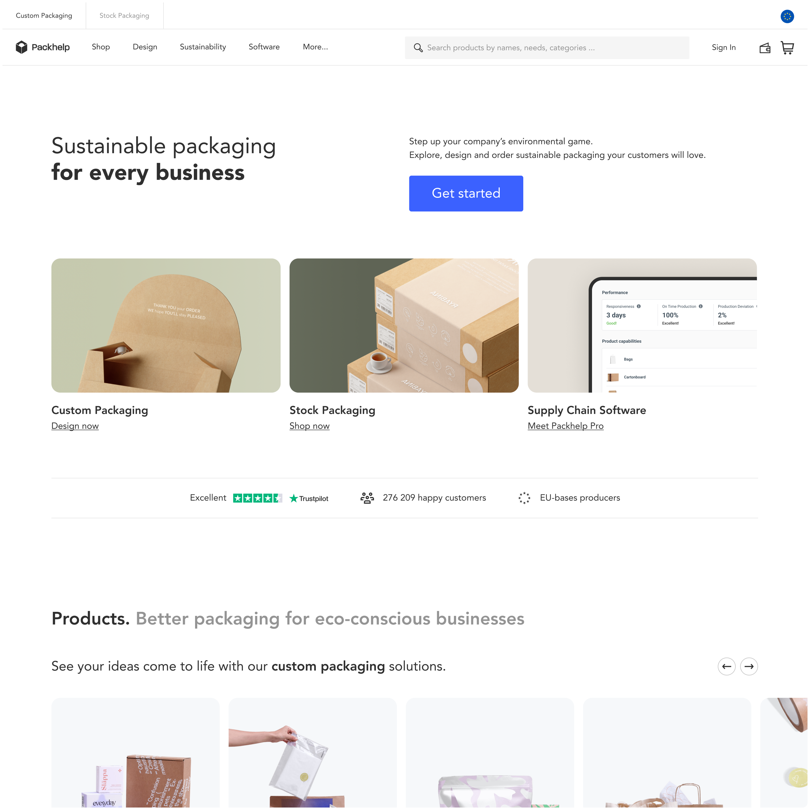 Packhelp homepage with sustainable packaging hero and product categories