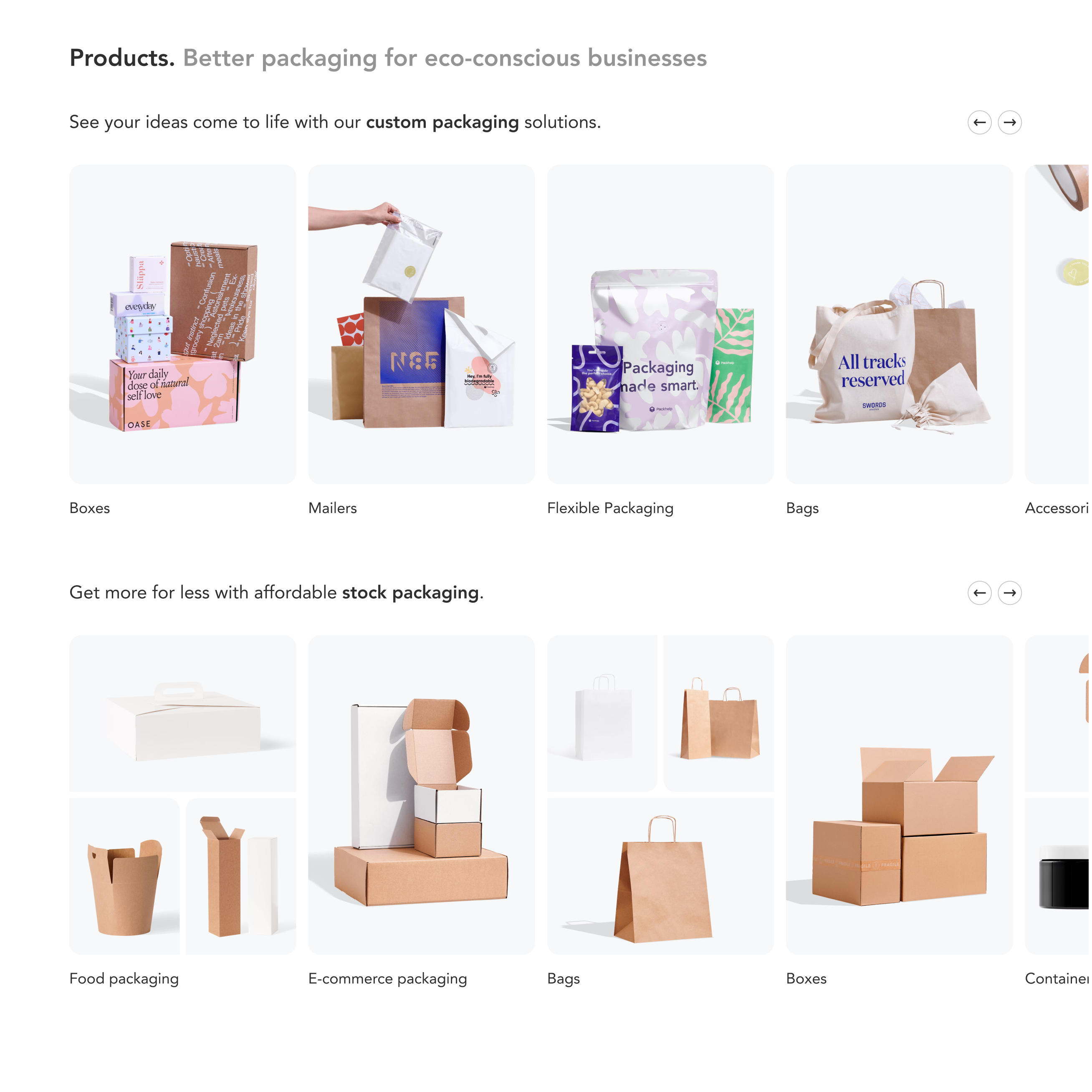 Products section with custom and stock packaging carousels
