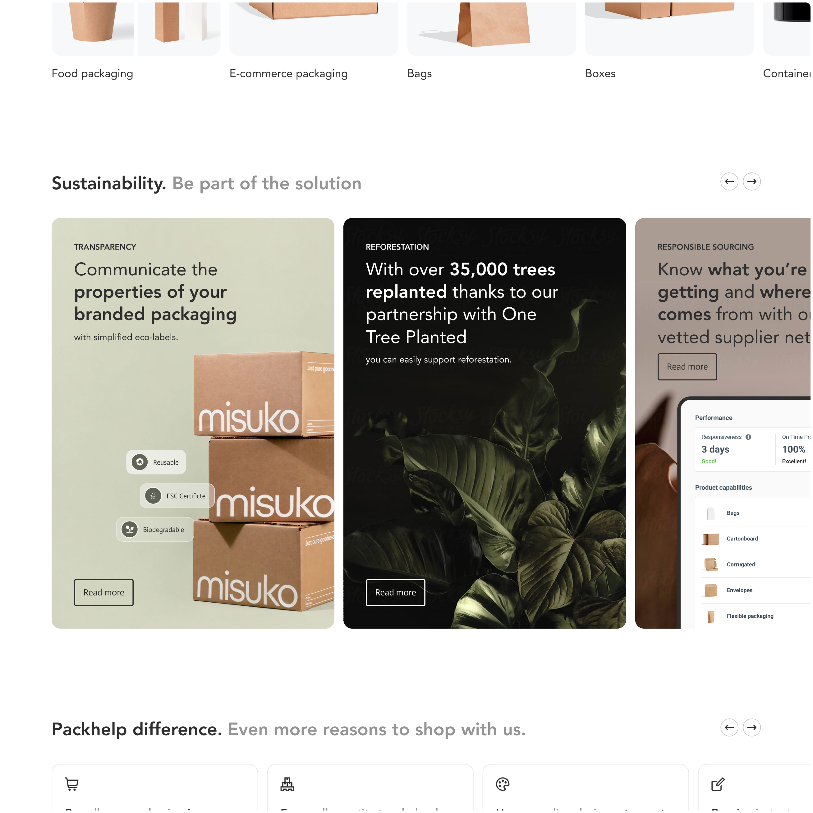 Sustainability section with transparency, reforestation, and responsible sourcing features