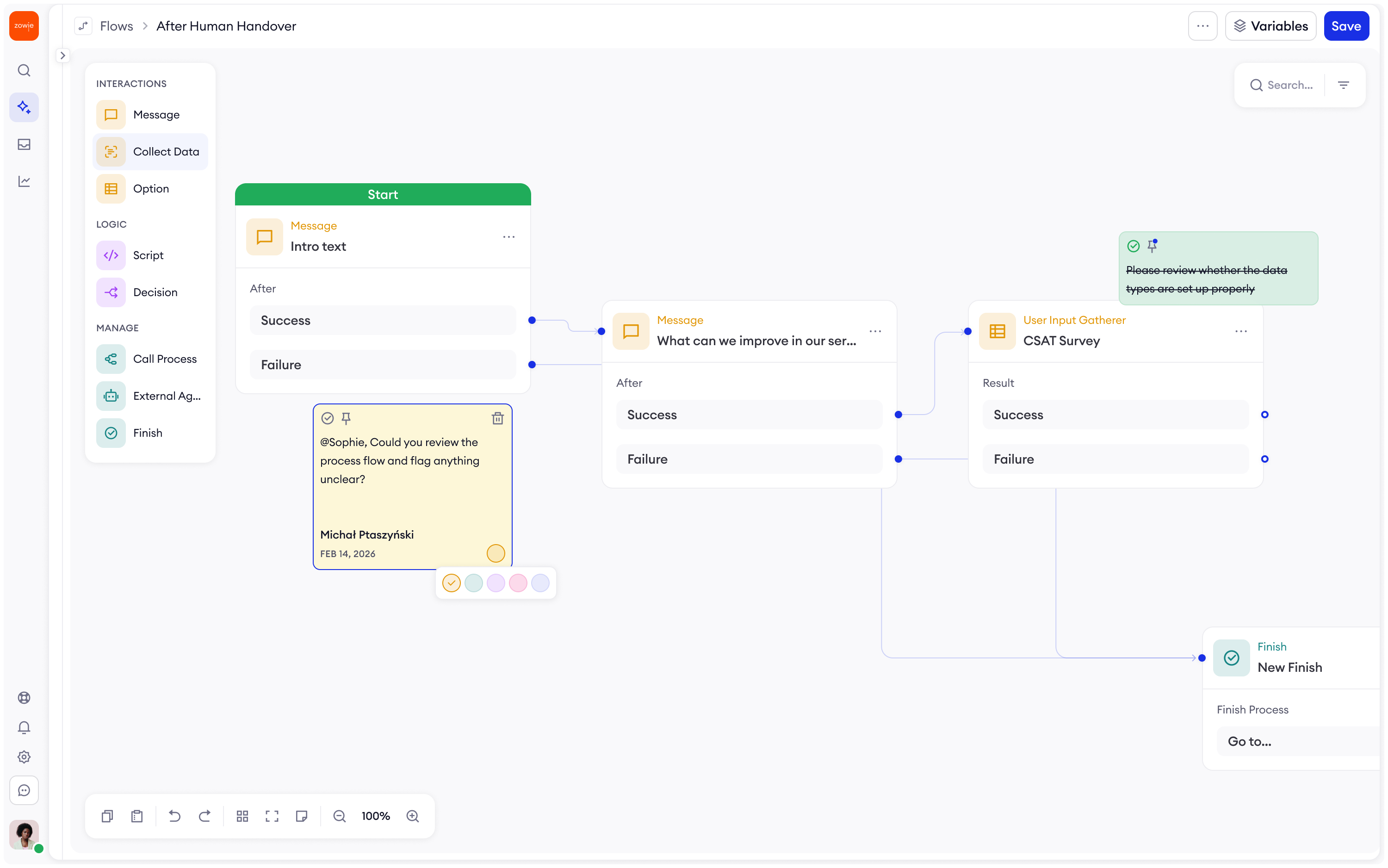 Flow orchestration with survey collection