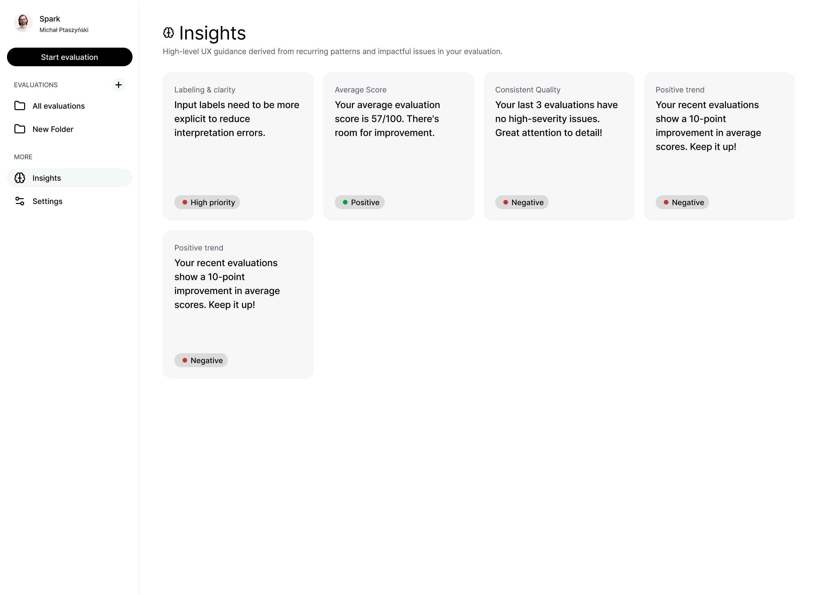 Insights dashboard with UX guidance