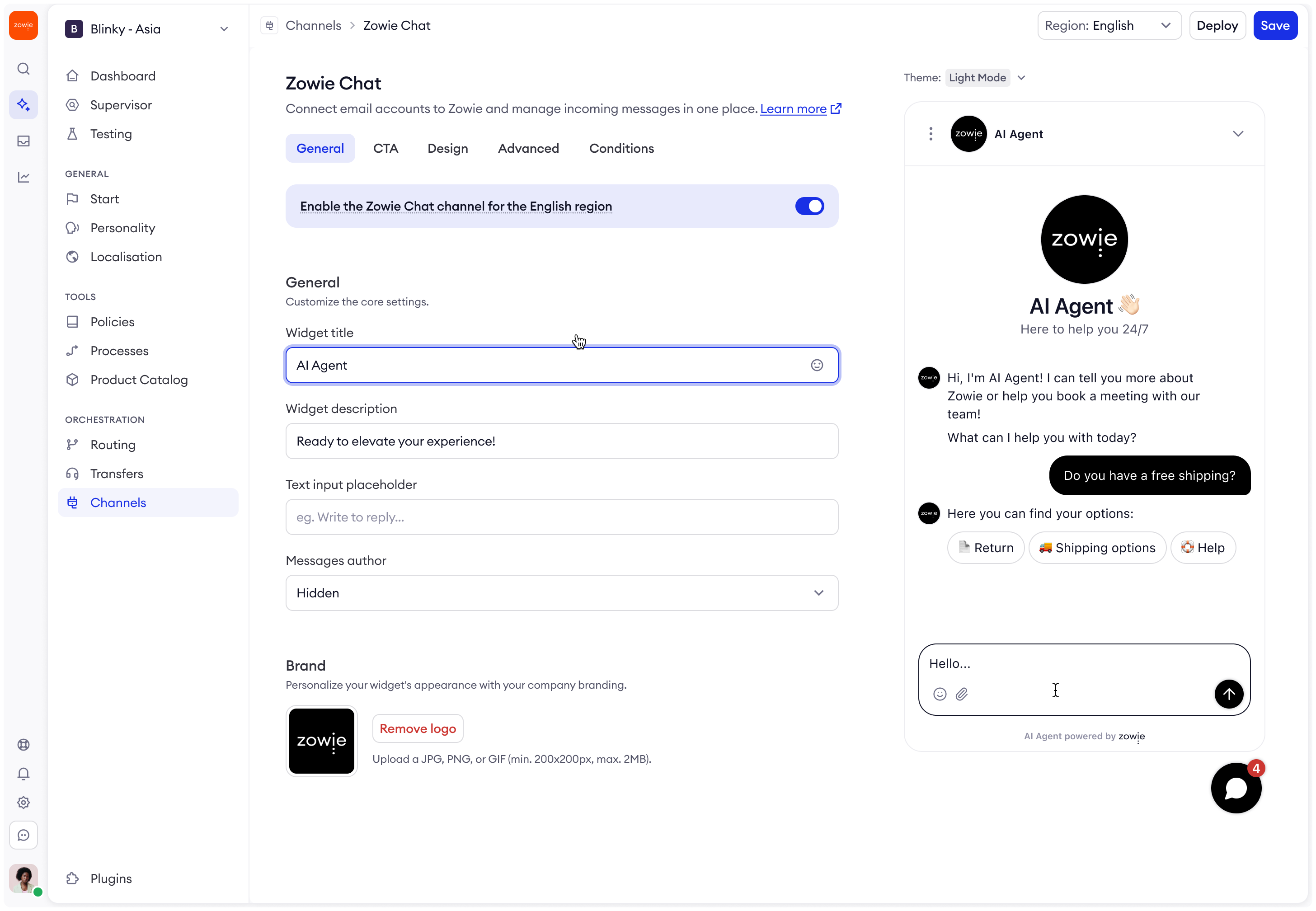 Zowie Chat configuration panel - General settings