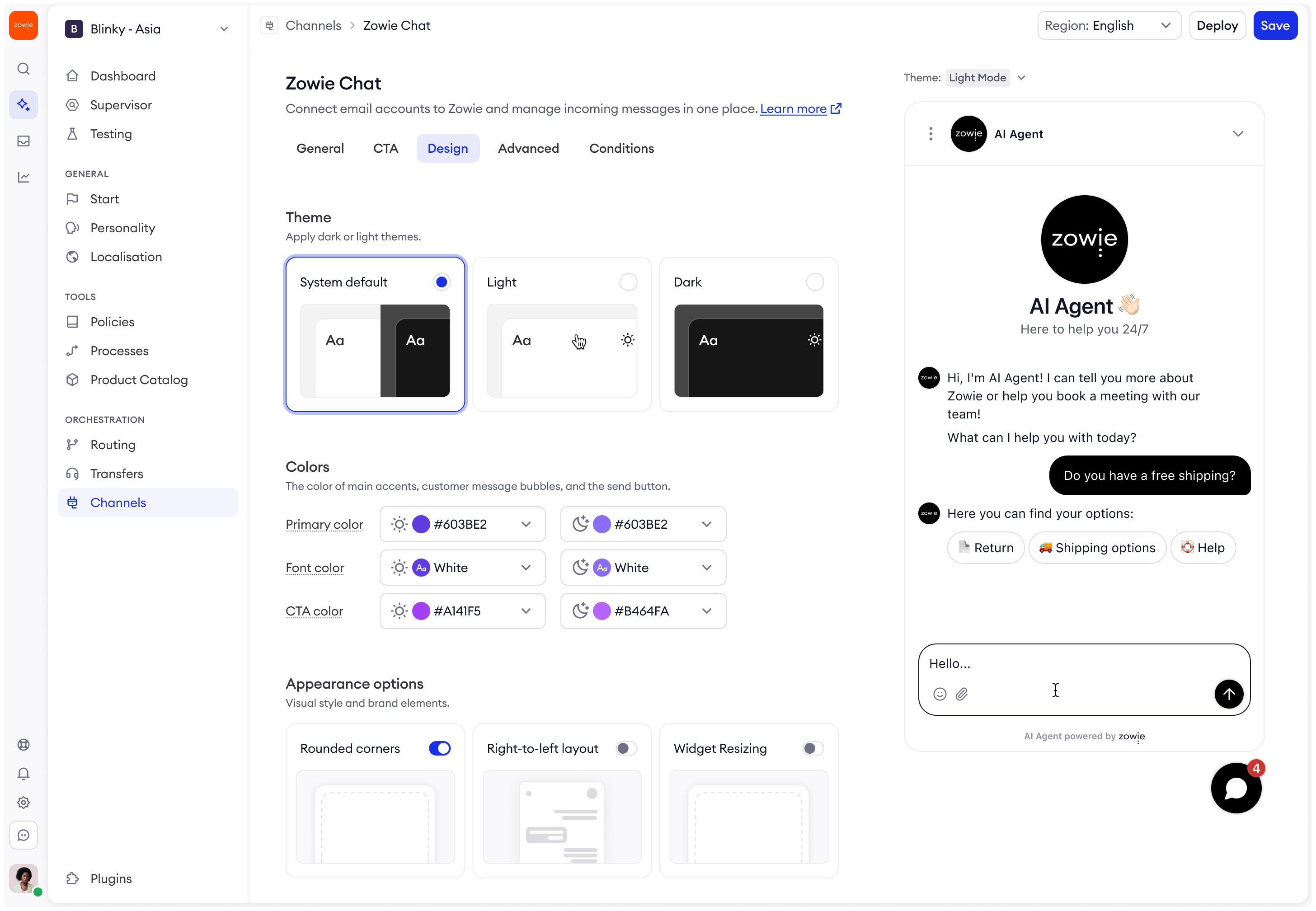 Zowie Chat configuration panel - Design settings