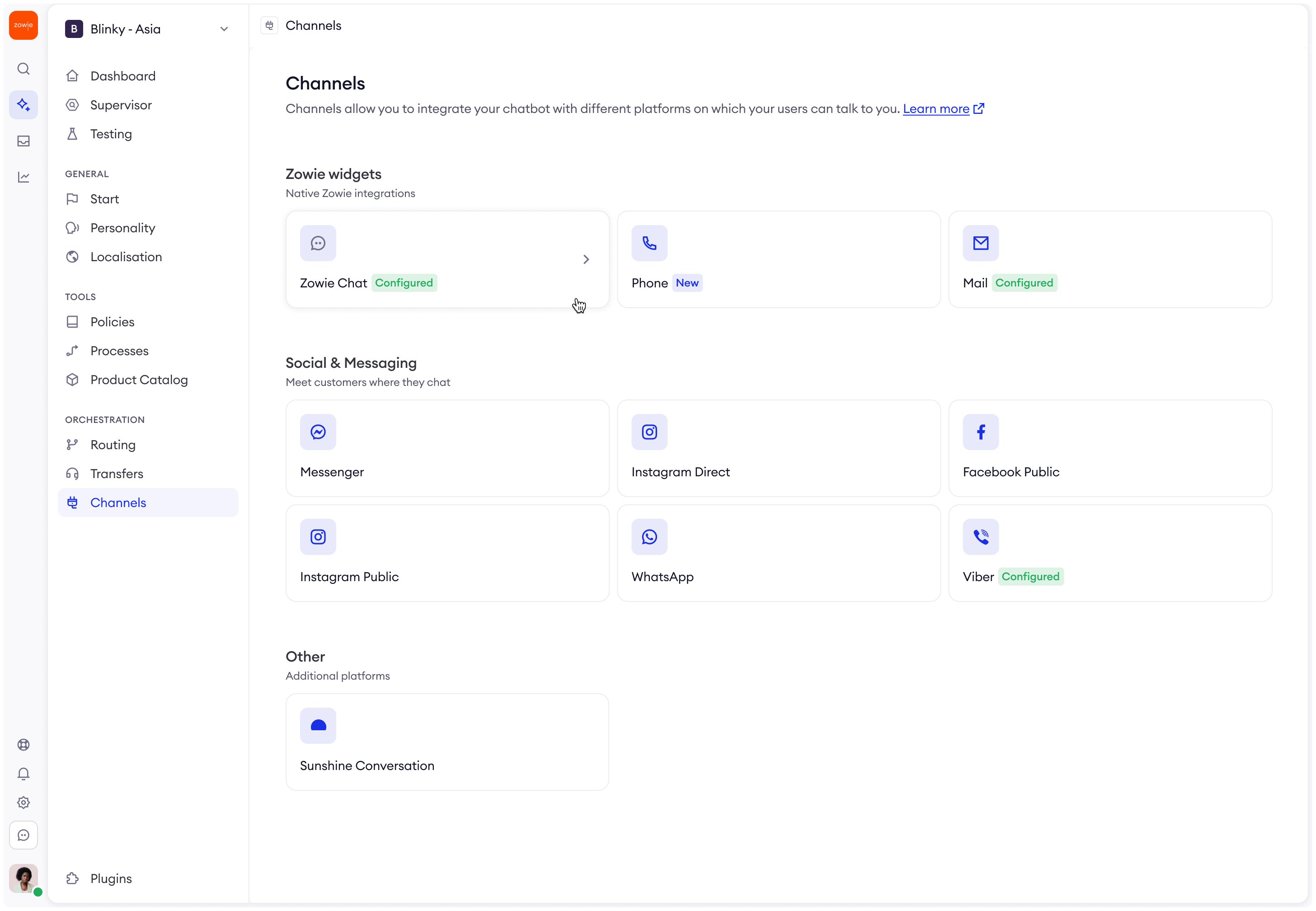 Blinky dashboard channels and integrations
